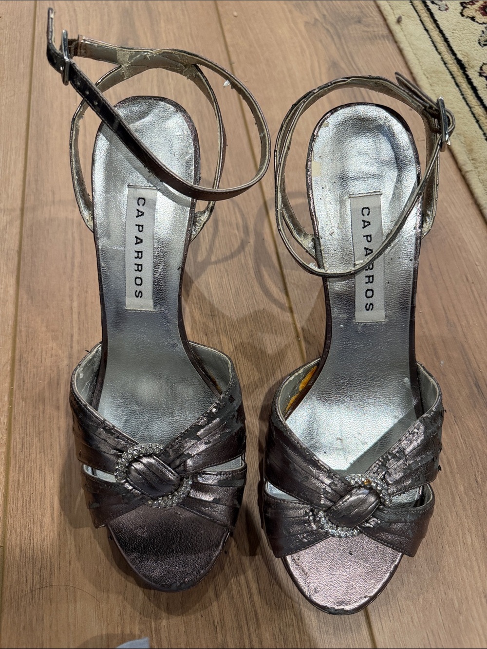 Caparros Metallic Silver Open-Toe Ankle-Strap Heels